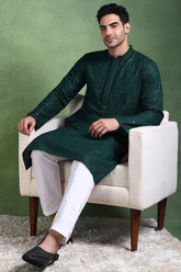 Ethnic Bay Green Viscose Rayon Solid Embroidered Straight Kurta For Men MKU1011GRN